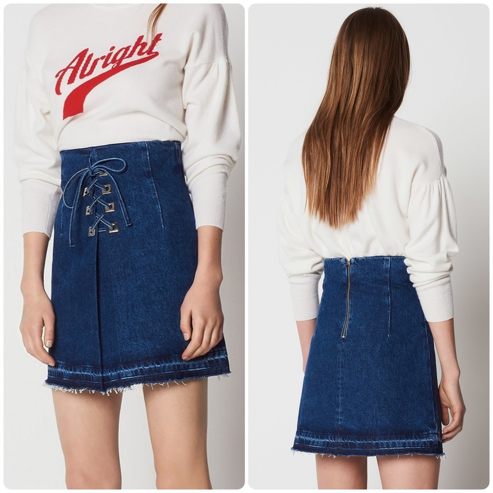 Sandro Womens Dark Wash Lace Up High Waist Parisian Edgy Denim Mini Skirt Size 2